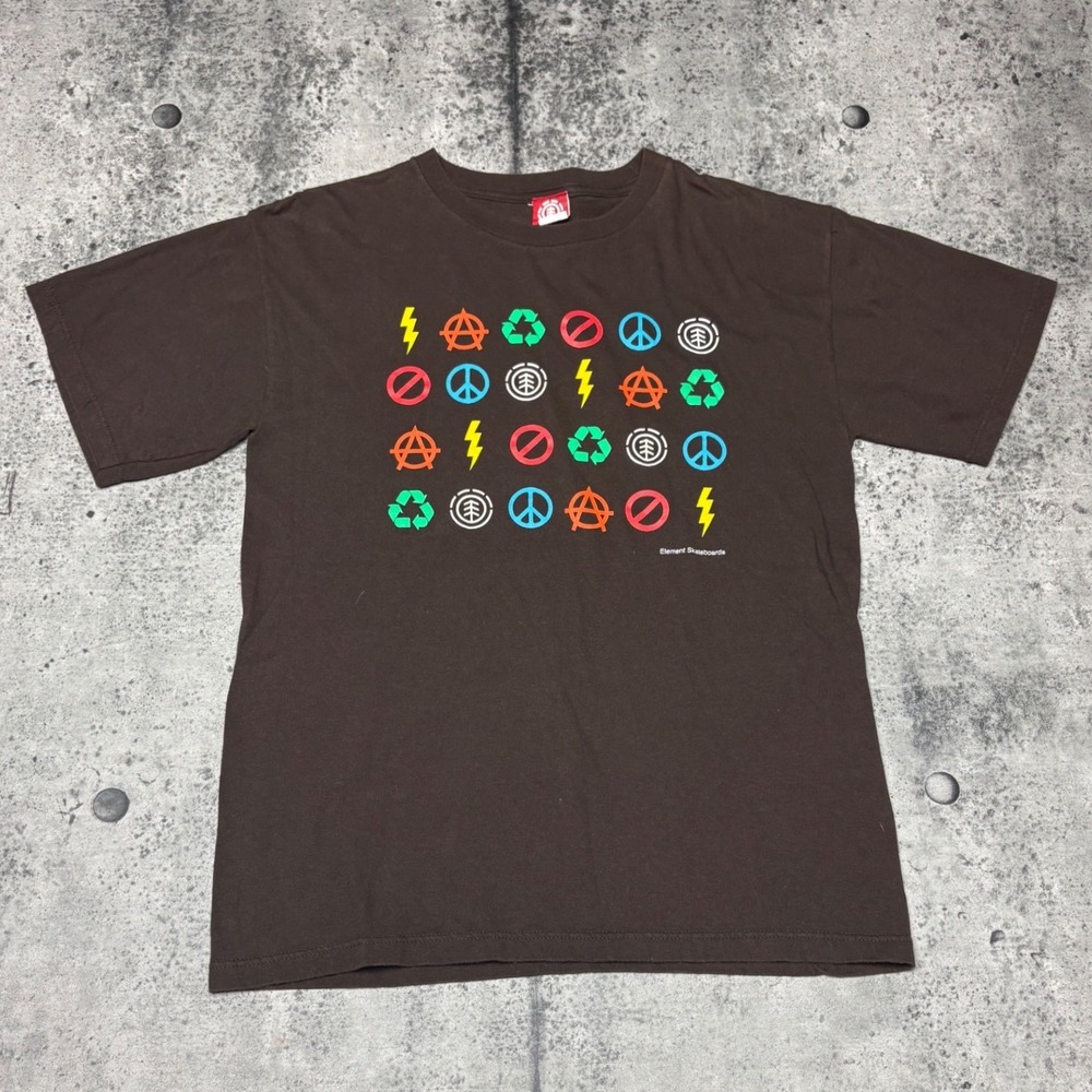 Vtg 00s/Y2K Element Skateboards Graphic T-Shirt Brown Made in USA Mens Sz M